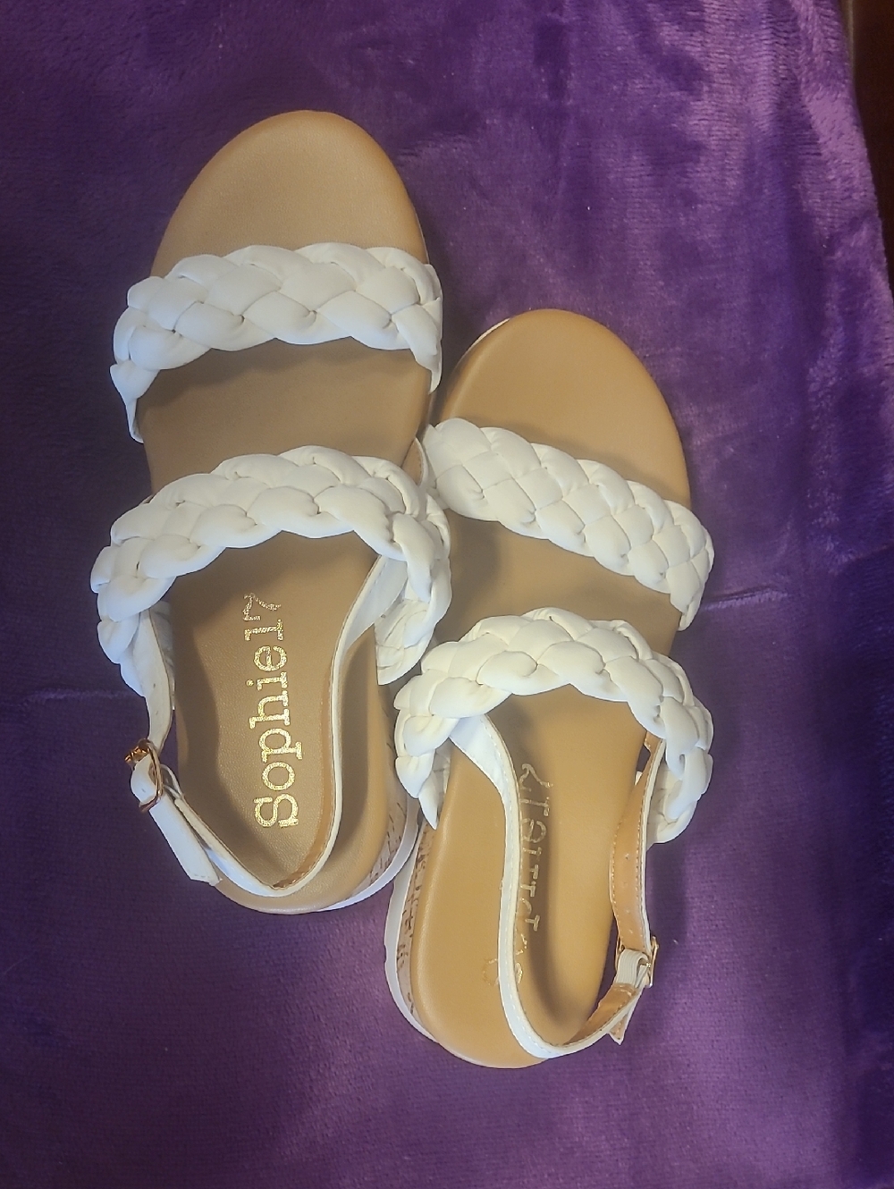 Sophie17 White Braided-Strap Sandals with Tan Footbed